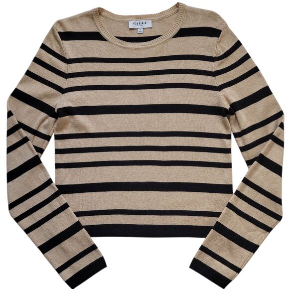 Striped Long Sleeve Sweater Crewneck Tan & Black Gilli Small Old Money Preppy - Picture 1 of 9